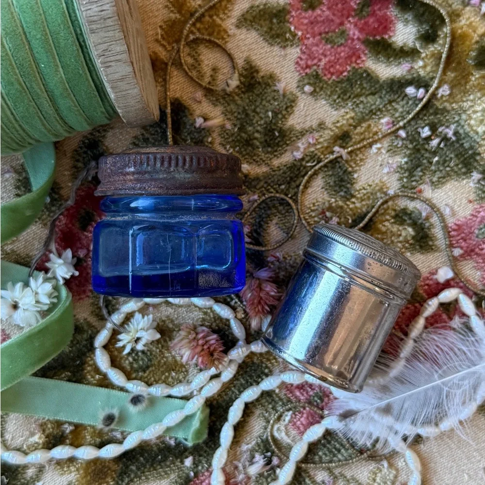 Antique Noxema Blue Glass Jar & Colgate Co. Shaving Stick Silver Tin Set